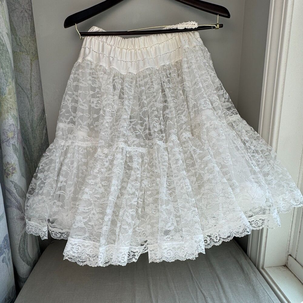Vintage White Silver Thread Square Dance Crinoline Petticoat One Size Retro